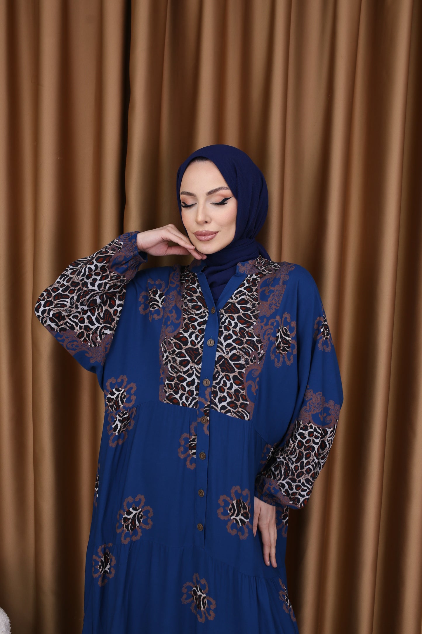 Leopar Desenli Elbise İNDİGO