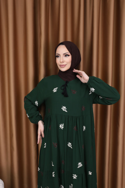 Gül Yapraklı Desen Elbise ZÜMRÜT