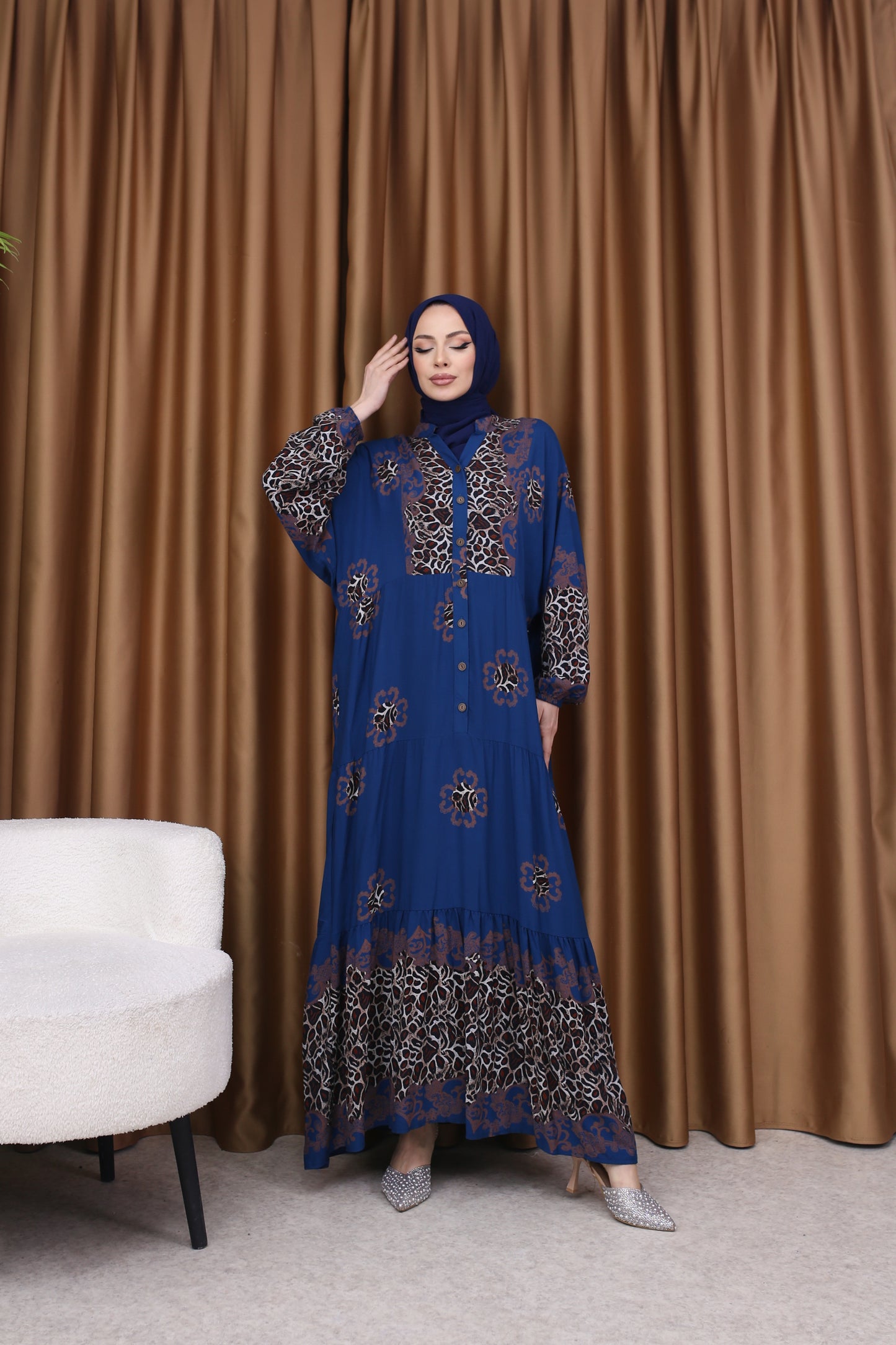 Leopar Desenli Elbise İNDİGO