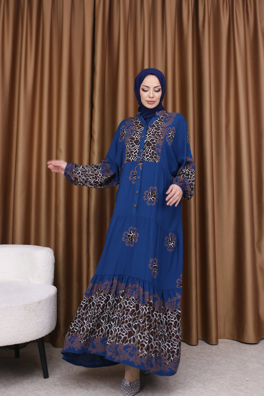 Leopar Desenli Elbise İNDİGO