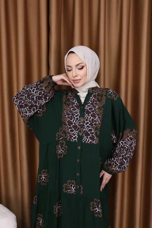 Leopar Desenli Elbise ZÜMRÜT