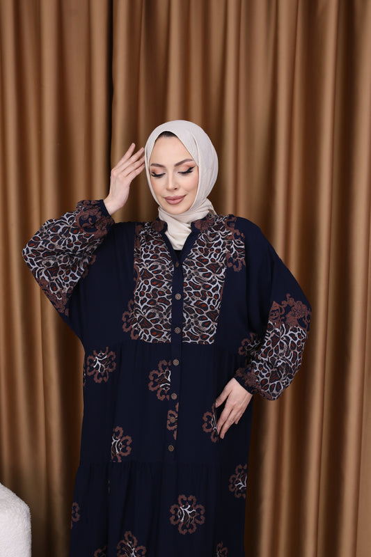 Leopar Desenli Elbise LACİVERT