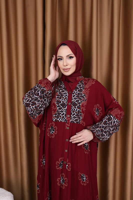 Leopar Desenli Elbise BORDO