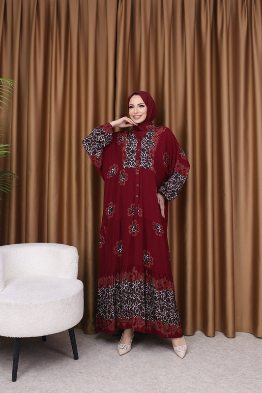 Leopar Desenli Elbise BORDO