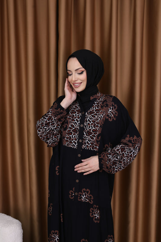 Leopar Desenli Elbise SİYAH