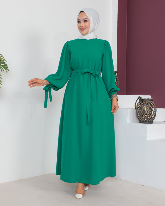 Yeşil Kolları Bağlamalı Tesettür Elbise