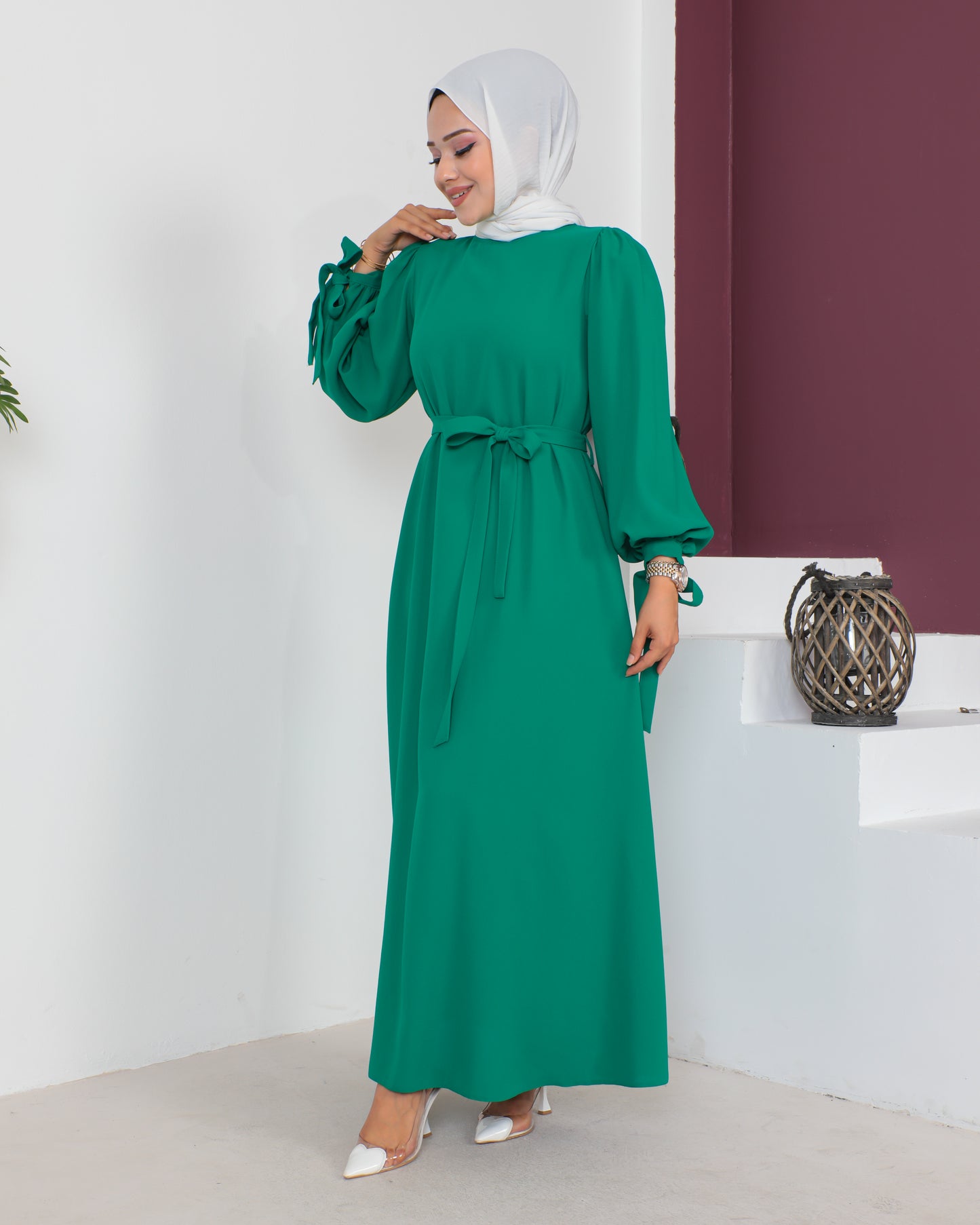 Yeşil Kolları Bağlamalı Tesettür Elbise