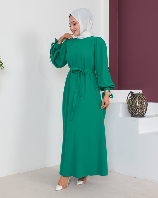 Yeşil Kolları Bağlamalı Tesettür Elbise