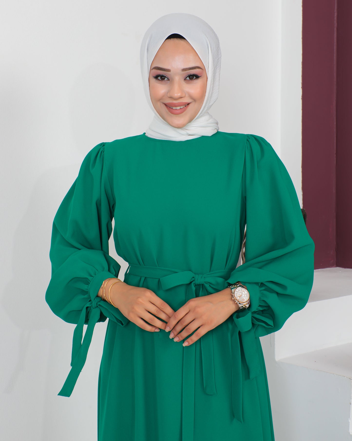 Yeşil Kolları Bağlamalı Tesettür Elbise