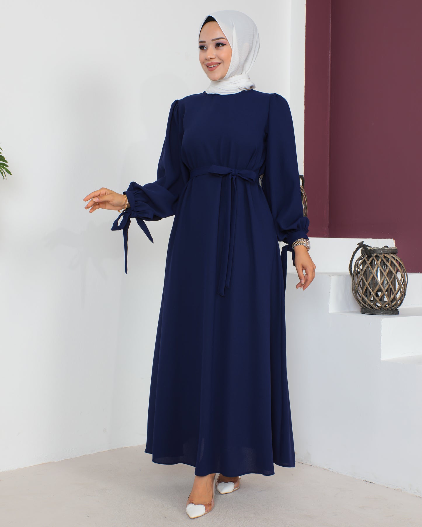 Lacivert Kolları Bağlamalı Tesettür Elbise