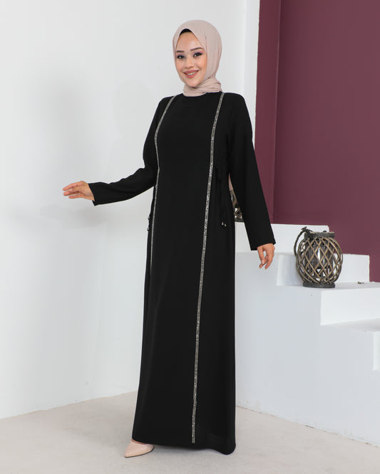 Önü Parçalı Taşlı Abiye Siyah