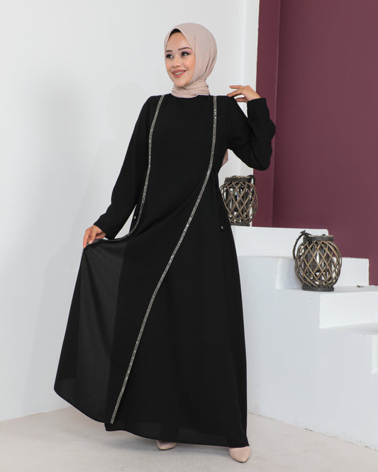 Önü Parçalı Taşlı Abiye Siyah