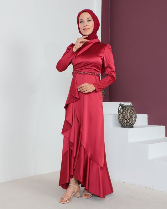 Saten Abiye Elbise Kırmızı