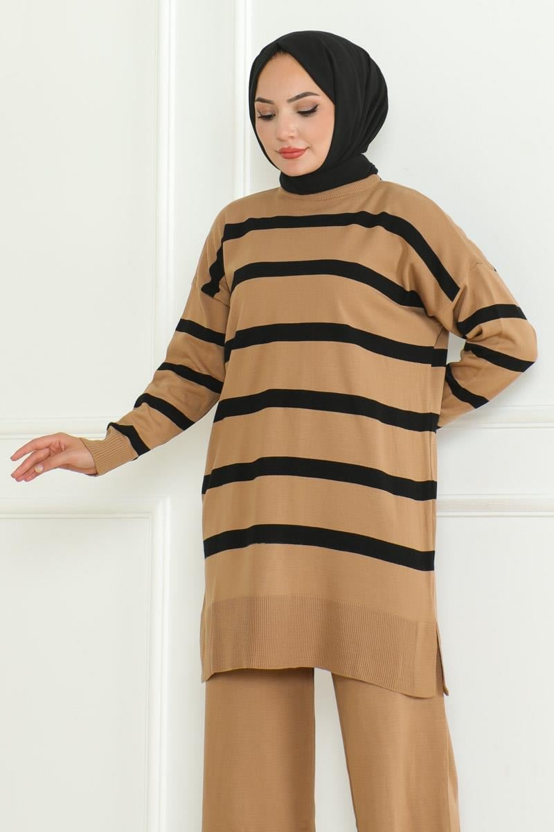 Çizgili Triko Tesettür Takım CAMEL