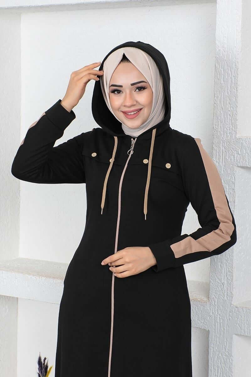 Kuş Gözü  Şerit Detay Spor Ferace SİYAH