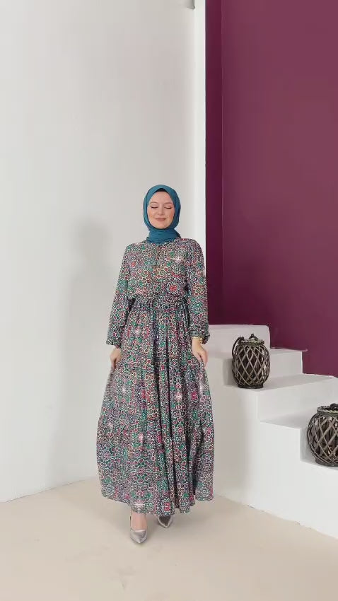 Belden Bağcıklı Desenli Viskon Elbise TURKUAZ