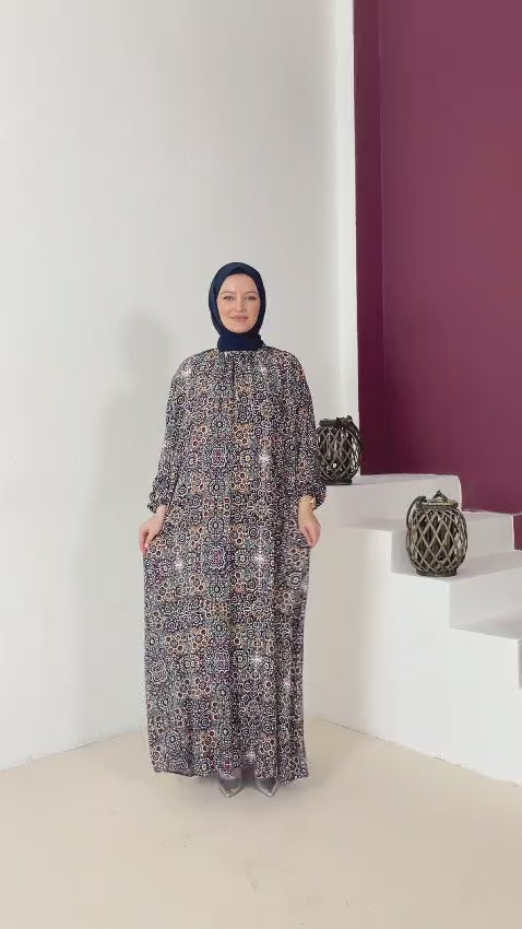 Desenli Viskon Elbise Haki
